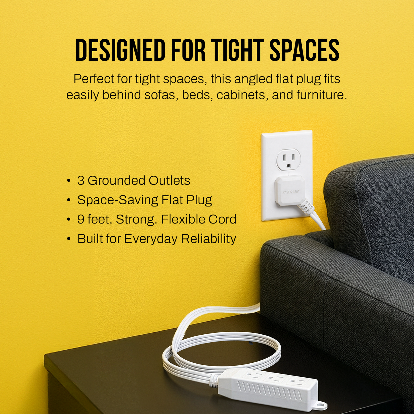 STANLEY® 9FT Indoor Extension Cord with 3 In-Line Outlets and Flat Plug - Stanley Electrical Accessories