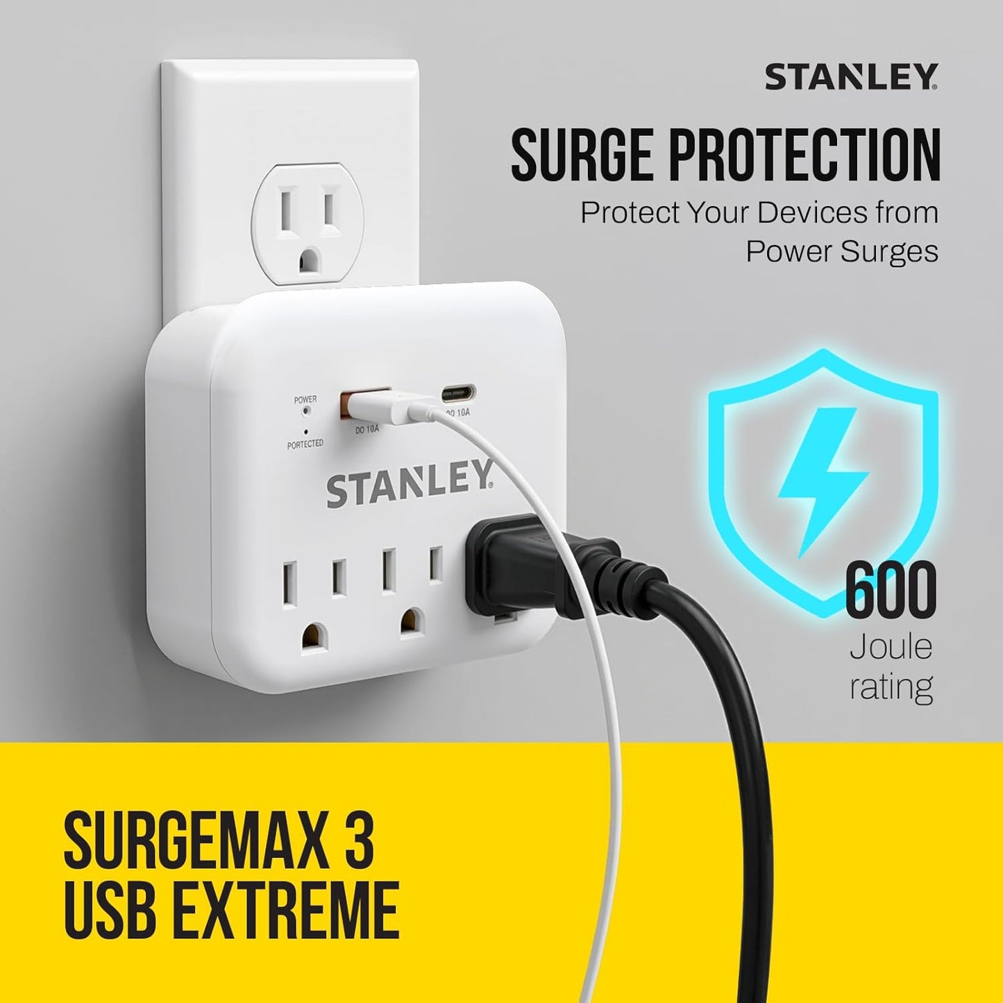SURGEPRO 3 USB EXTREME 3-Outlet 600 Joule Surge Protector USB Wall Adapter - Stanley Electrical Accessories