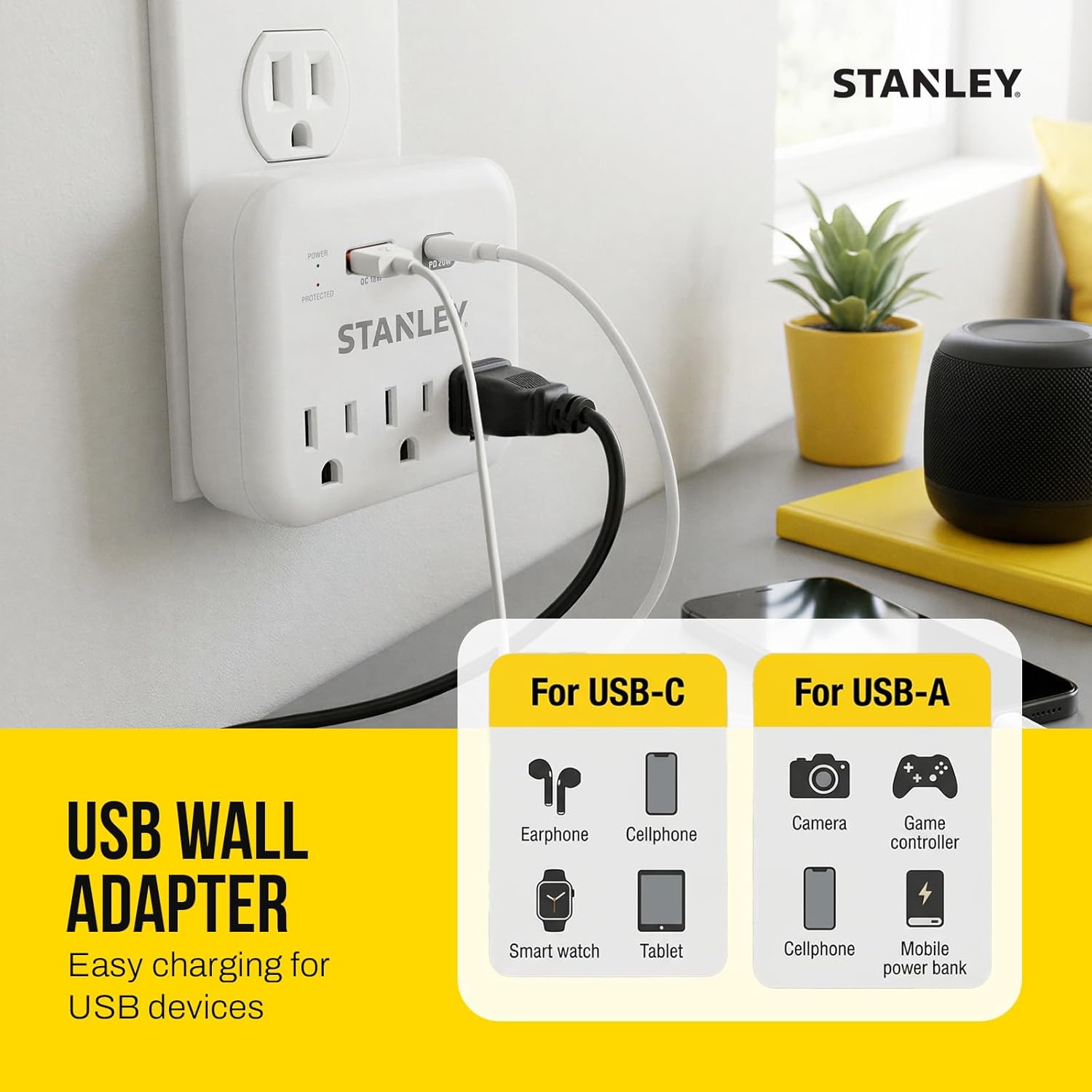 SURGEPRO 3 USB EXTREME 3-Outlet 600 Joule Surge Protector USB Wall Adapter - Stanley Electrical Accessories