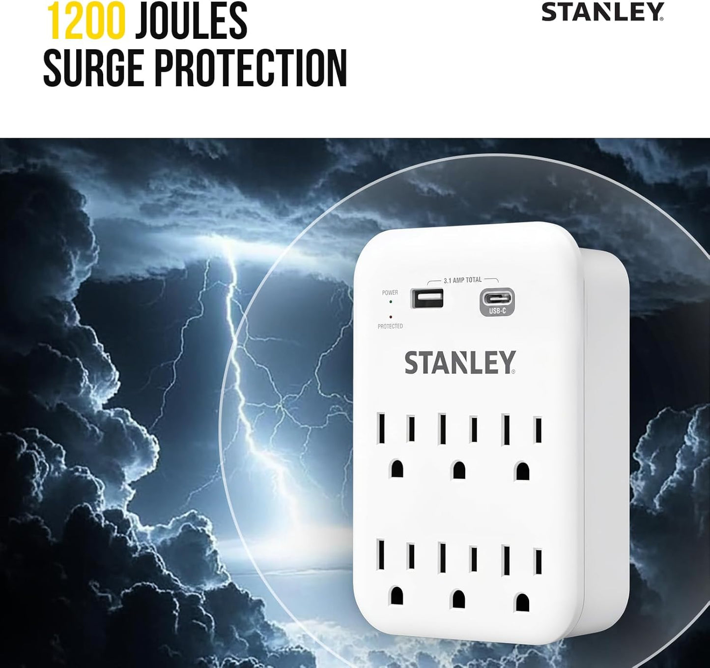 SURGEPRO 1200 USB 6-Outlet Surge Protector USB Wall Adapter - Stanley Electrical Accessories