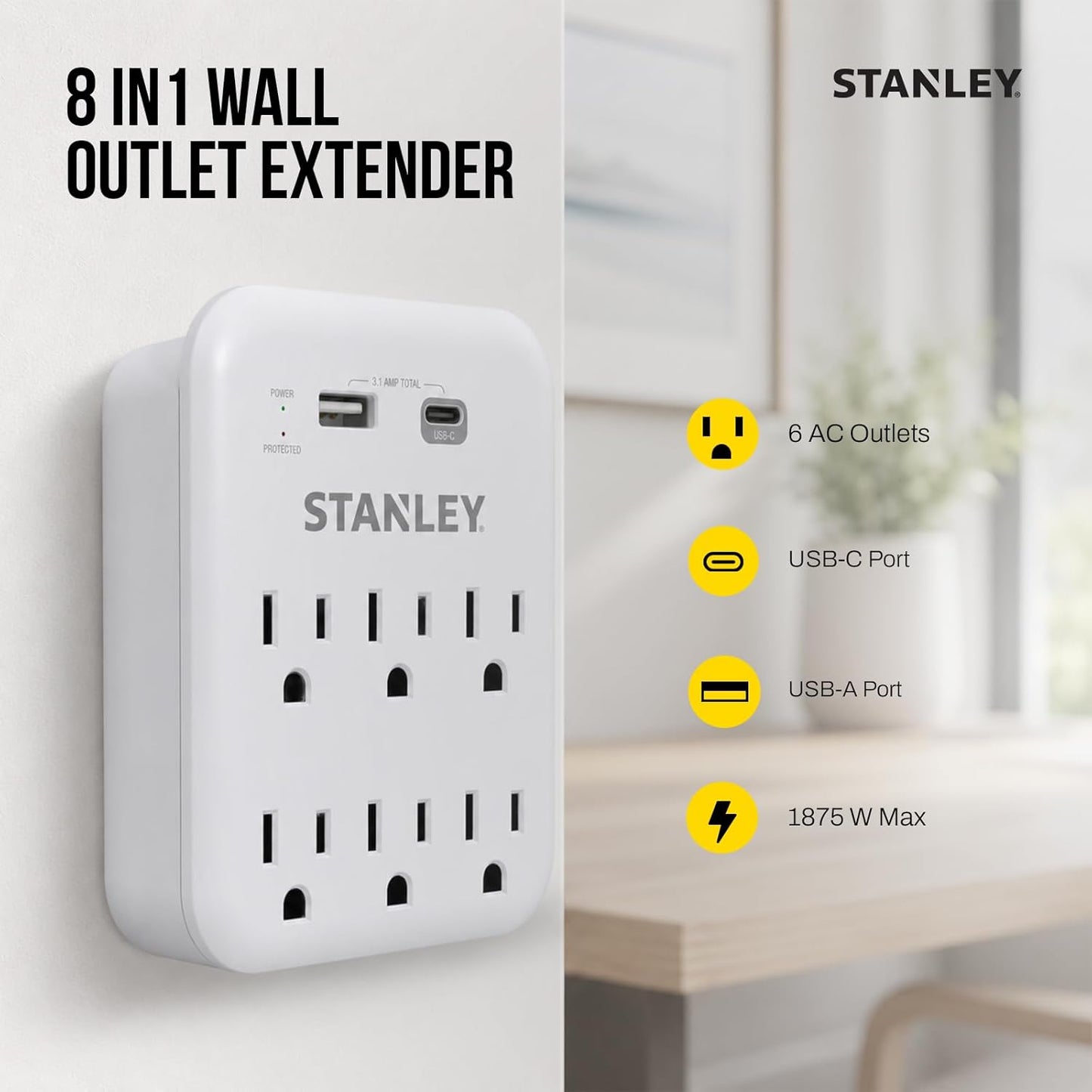 SURGEPRO 1200 USB 6-Outlet Surge Protector USB Wall Adapter - Stanley Electrical Accessories
