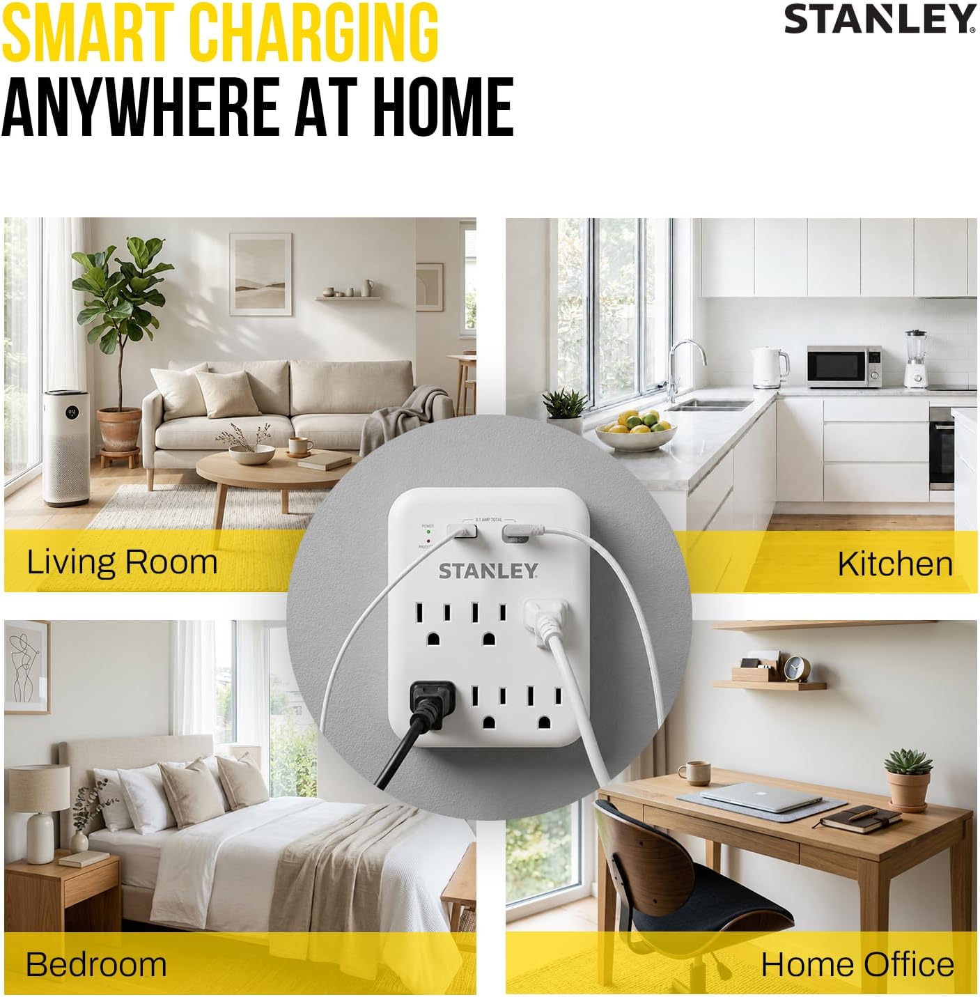 SURGEPRO 1200 USB 6-Outlet Surge Protector USB Wall Adapter - Stanley Electrical Accessories