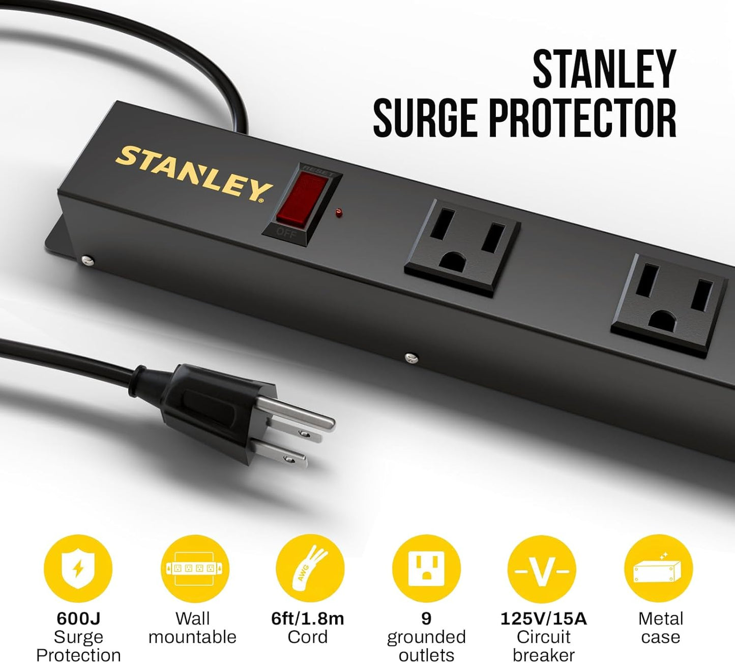 STANLEY® 9-Outlet Metal Surge Protector - Stanley Electrical Accessories