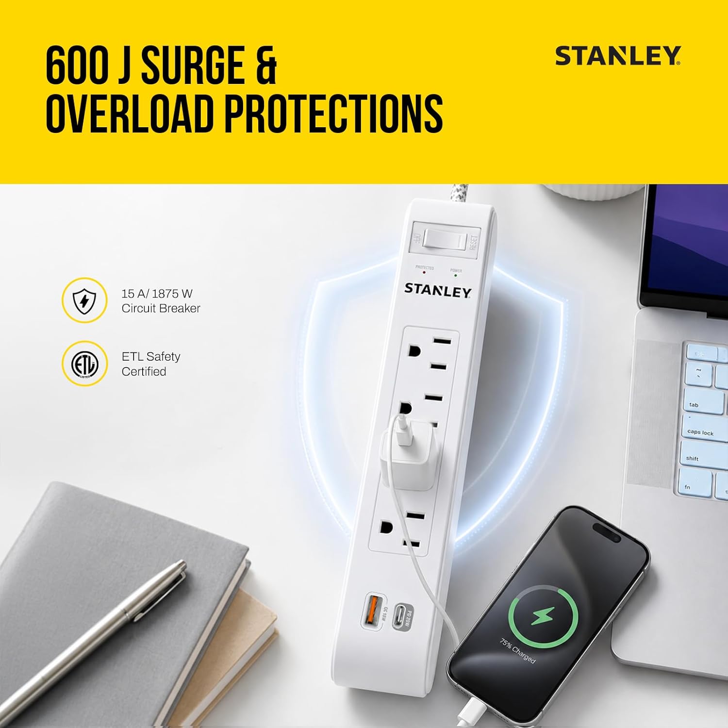 SURGEMAX USB 4-Outlet 600J USB Surge Protector - Stanley Electrical Accessories