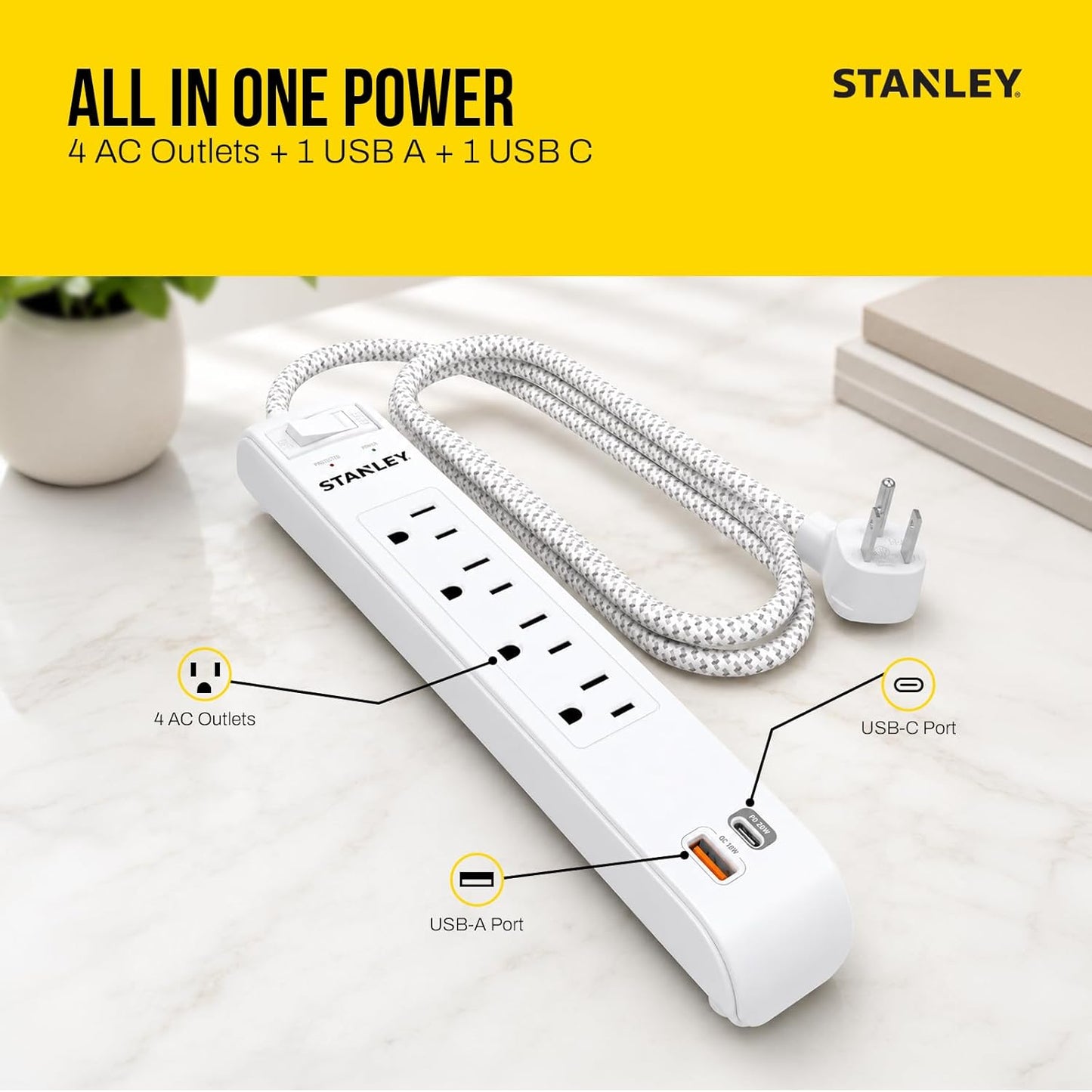 SURGEMAX USB 4-Outlet 600J USB Surge Protector - Stanley Electrical Accessories