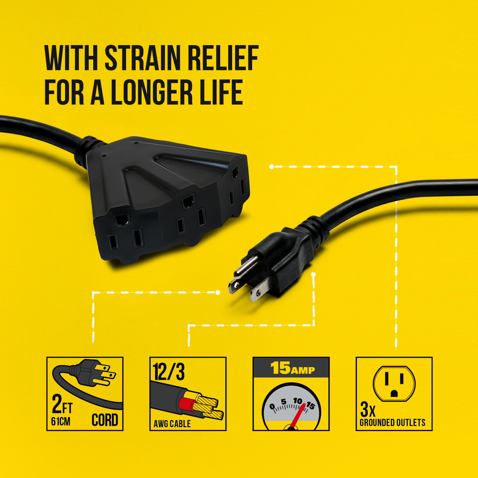 STANLEY® 2FT 3-Outlet Outdoor Extension Cord - Stanley Electrical Accessories