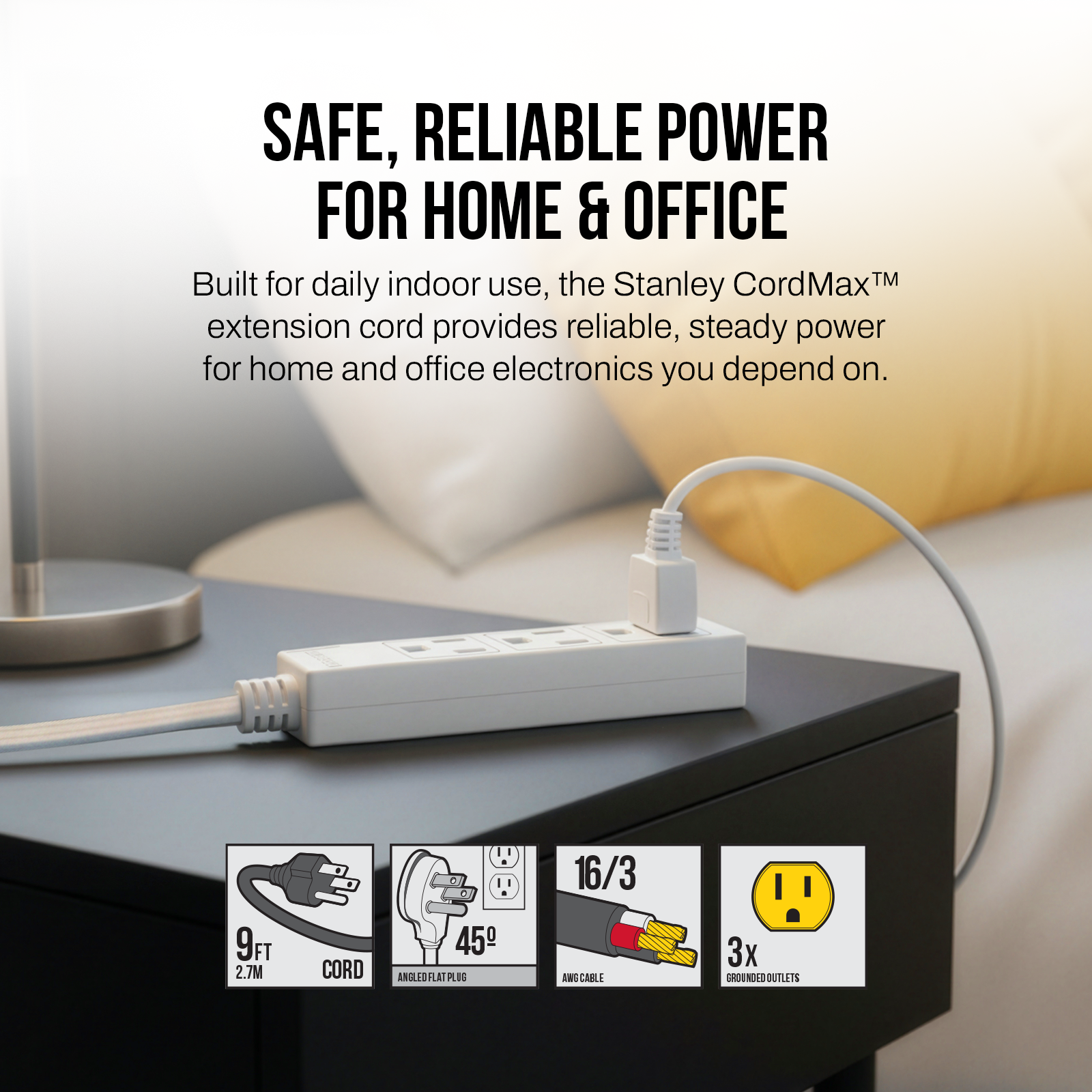 STANLEY® 9FT Indoor Extension Cord with 3 In-Line Outlets and Flat Plug - Stanley Electrical Accessories
