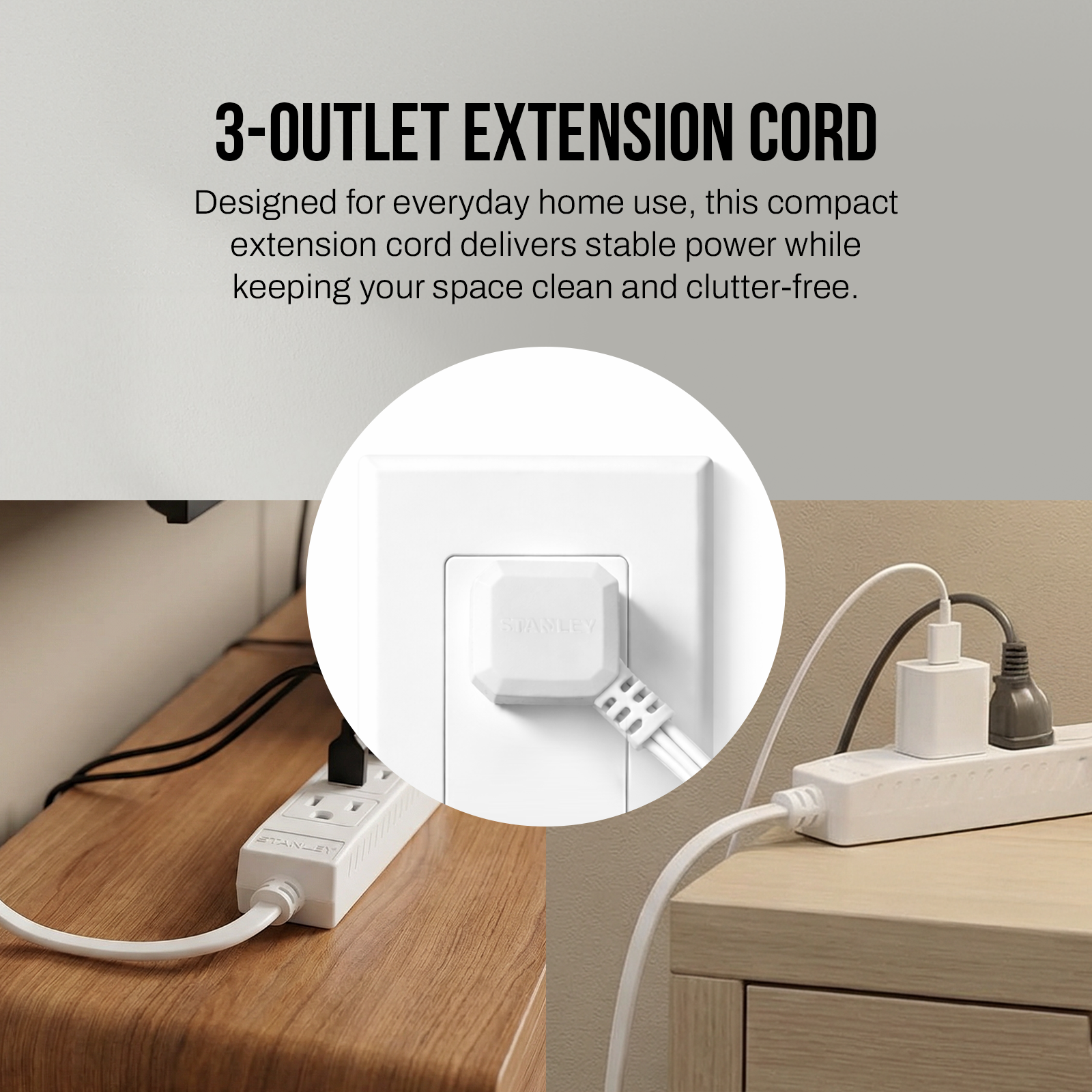STANLEY® 9FT Indoor Extension Cord with 3 In-Line Outlets and Flat Plug - Stanley Electrical Accessories