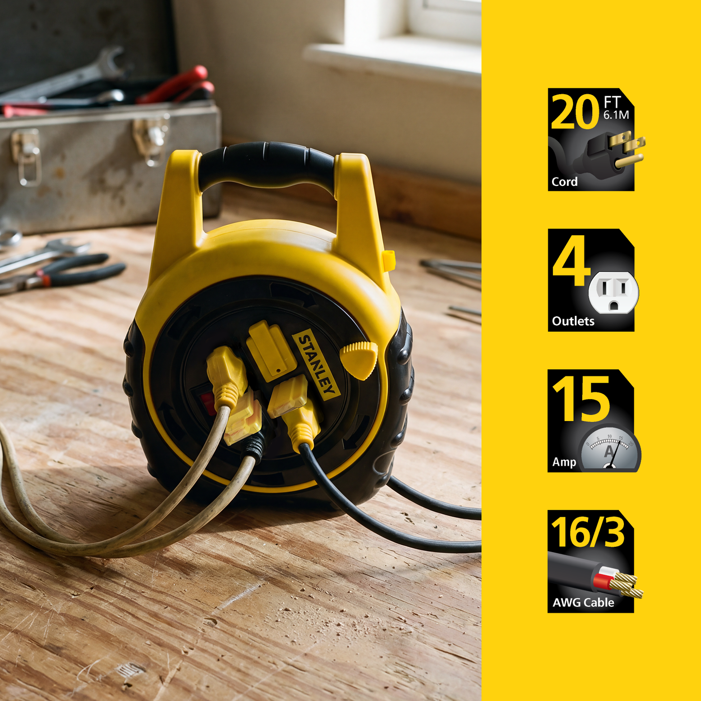 STANLEY® 20FT 4-Outlet Cord Reel - Stanley Electrical Accessories