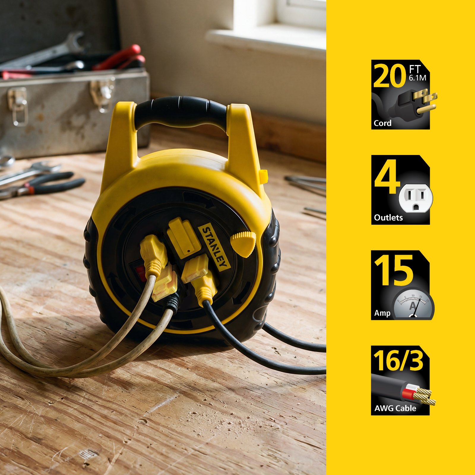 STANLEY® 20FT 4-Outlet Cord Reel - Stanley Electrical Accessories