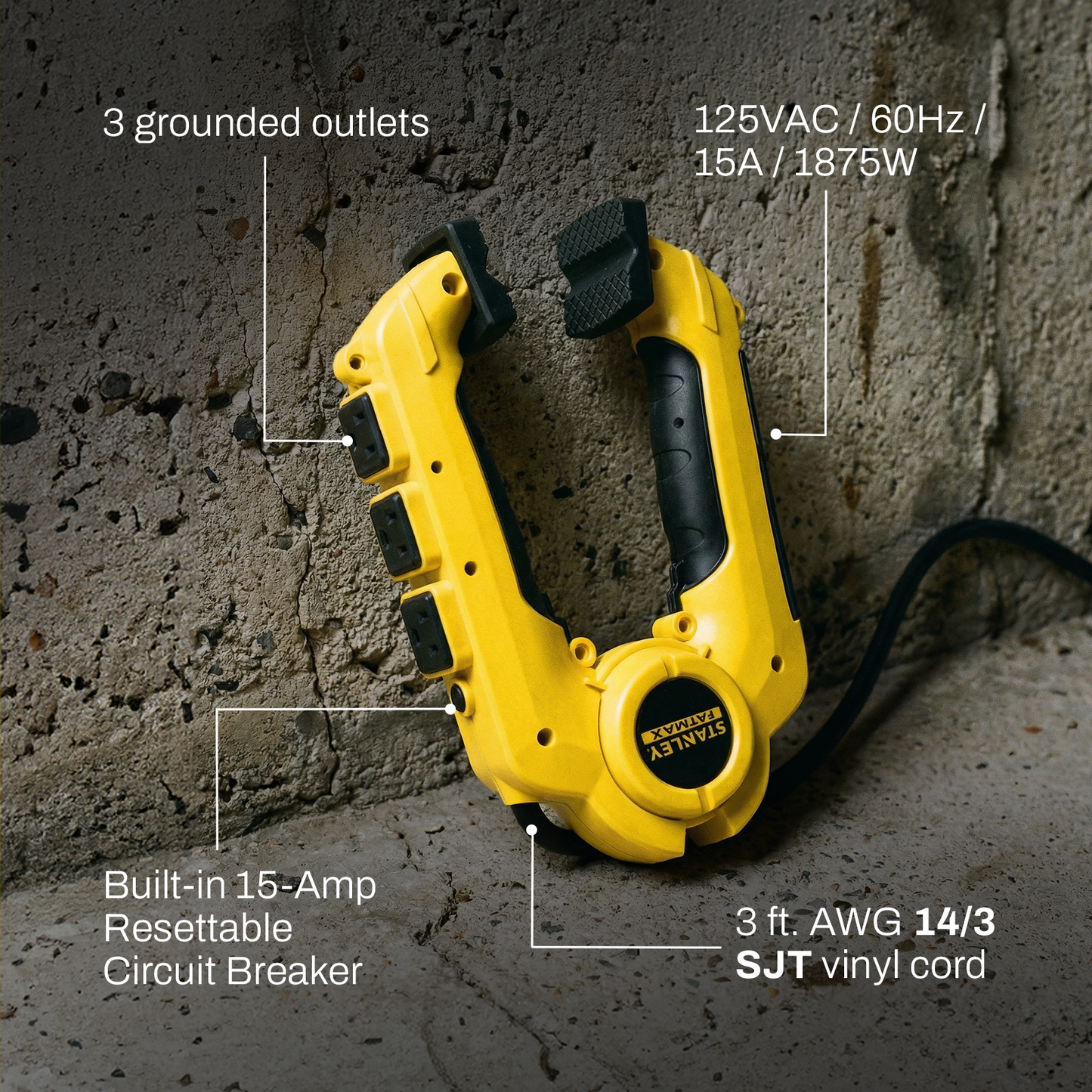 STANLEY® 3 Outlet Clamping Power Strip - Stanley Electrical Accessories